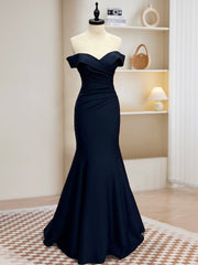 Mermaid Satin Dark Blue Long Prom Dresses, Dark Blue Long Formal Dresses