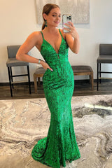 Mermaid Spaghetti Straps Green Sequins Backless Long Prom Dress