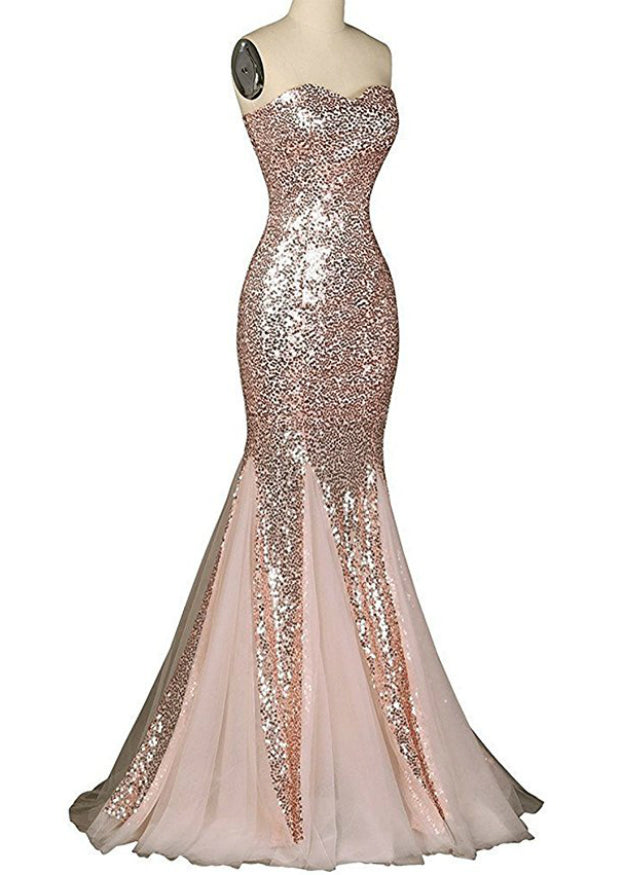 Mermaid Sweetheart Sequins Tulle Floor Length Prom Dress