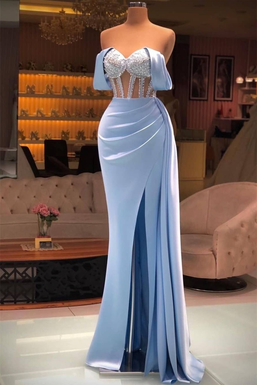 Mermaid Sweetheart Strap Sleeveless Beading Floor-length High Split Prom Dress