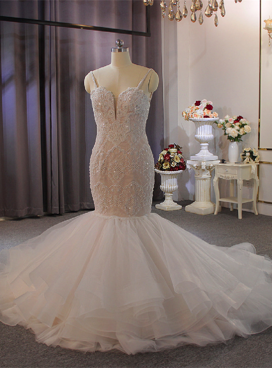 Mermaid Tulle Lace Beading Spaghetti Straps Wedding Dress