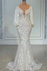 Mermaid V-neck Lace Floor-length Long Sleeve Applique Beaded Wedding Dress