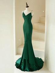 Mermaid V Neck Satin Green Long Prom Dresses, Green Long Evening Dresses