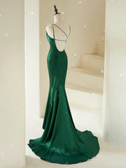 Mermaid V Neck Satin Green Long Prom Dresses, Green Long Evening Dresses