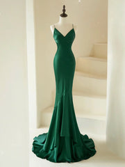 Mermaid V Neck Satin Green Long Prom Dresses, Green Long Evening Dresses