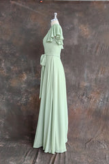 Mint Green Sheath Floor Length Short Sleeves V-Neck Chiffon Bridesmaid Dresses