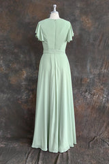 Mint Green Sheath Floor Length Short Sleeves V-Neck Chiffon Bridesmaid Dresses