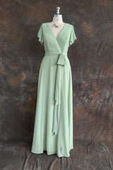 Mint Green Sheath Floor Length Short Sleeves V-Neck Chiffon Bridesmaid Dresses