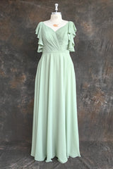 Mint Green V Neck Flutter Sleeve Backless Plus Size Bridesmaid Dresses