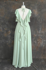 Mint Green V Neck Flutter Sleeve Backless Plus Size Bridesmaid Dresses