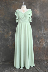 Mint Green V Neck Flutter Sleeve Backless Plus Size Bridesmaid Dresses