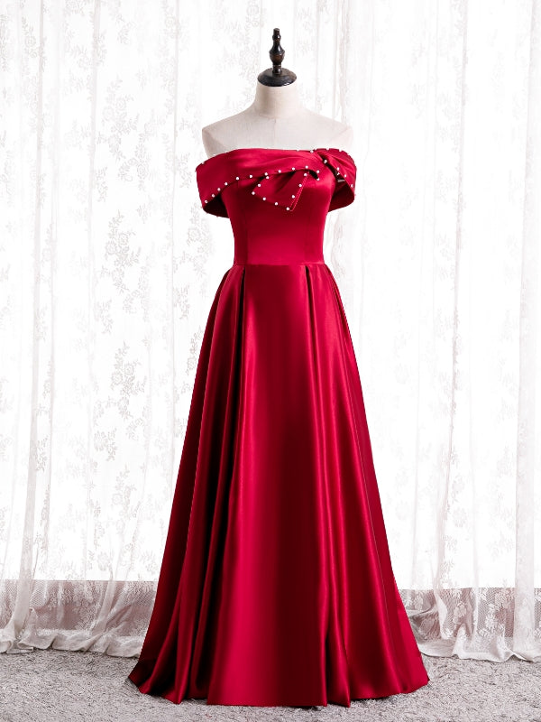 Modest Burgundy Satin Off the Shoulder Pearls Prom Dress