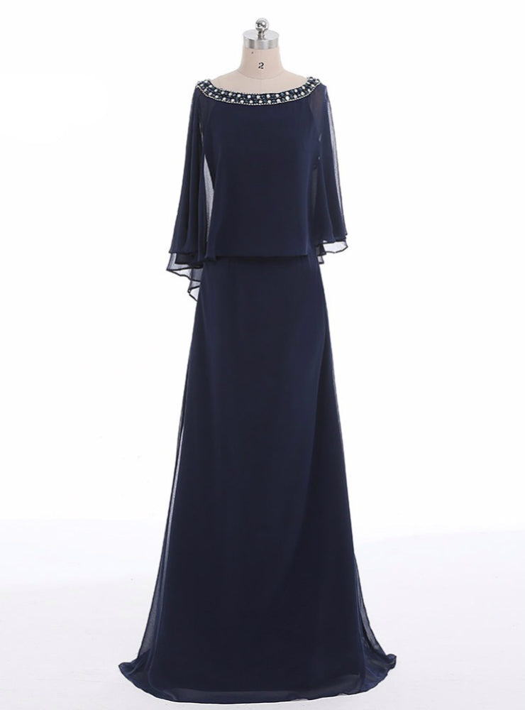 Navy A-line Beading Chiffon Long Blue Mother Of The Bride Dresses