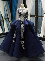 Navy Blue Ball Gown Lace White Lace Appliques Backless Prom Dress