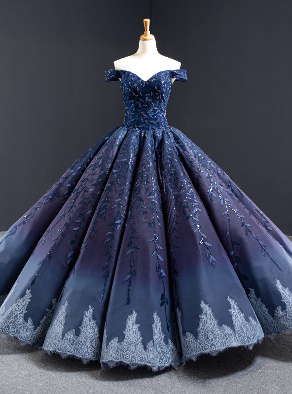 Navy Blue Ball Gown Leaf Appliques Beading Prom Dress