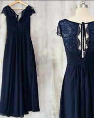 Navy Blue Chiffon with Lace A-line Long Bridesmaid Dresses, Wedding Party Dresses