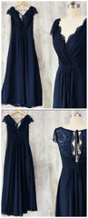 Navy Blue Chiffon with Lace A-line Long Bridesmaid Dresses, Wedding Party Dresses