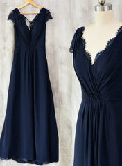 Navy Blue Chiffon with Lace A-line Long Bridesmaid Dresses, Wedding Party Dresses