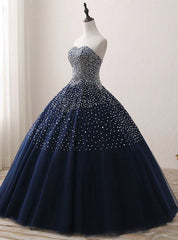 Navy Blue Crystals Tulle Beaded Sweetheart Ball Gown Quinceanera Dresses