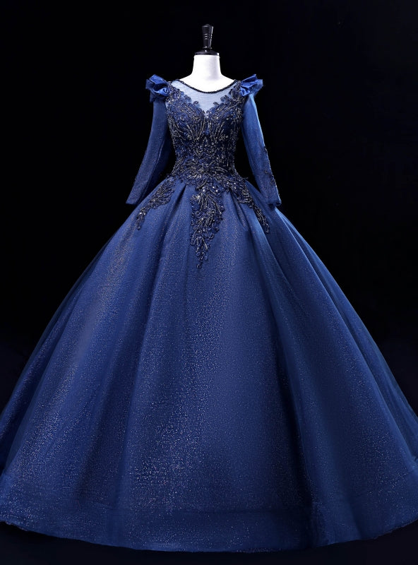 Navy Blue Long Sleeve Beading Sequins Quinceanera Dress