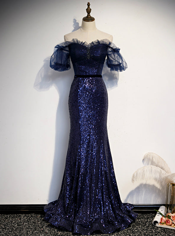 Navy Blue Mermaid Off the Sholuder Shoulder Prom Dress