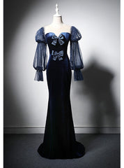 Navy Blue Mermaid Velvet Long Sleeve Prom Dress