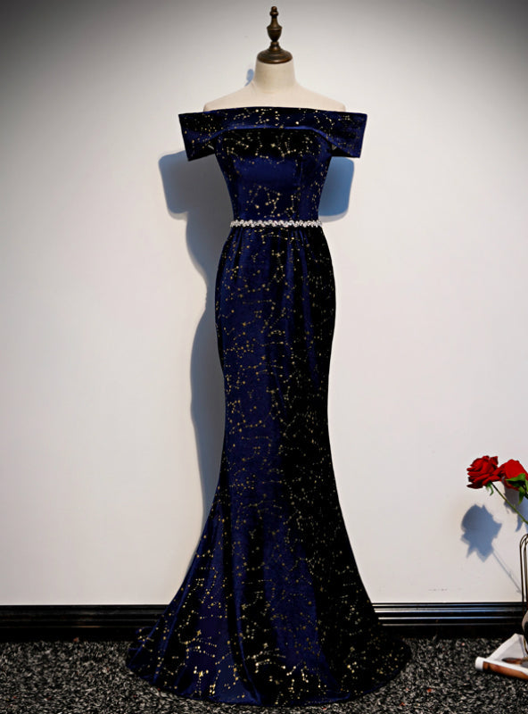 Navy Blue Mermaid Velvet Off the Shoulder Beading Prom Dress