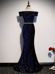 Navy Blue Mermaid Velvet Off the Shoulder Beading Prom Dress