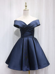 Navy Blue Satin Off the Shoulder Homecoming Dress