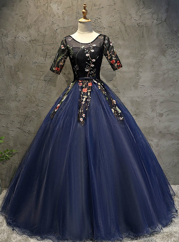 Navy Blue Short Sleeve Tulle Embroidery Quinceanera Dresses