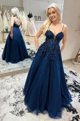 Navy Blue Straps Plunging V Floral Beaded Long Prom Dress