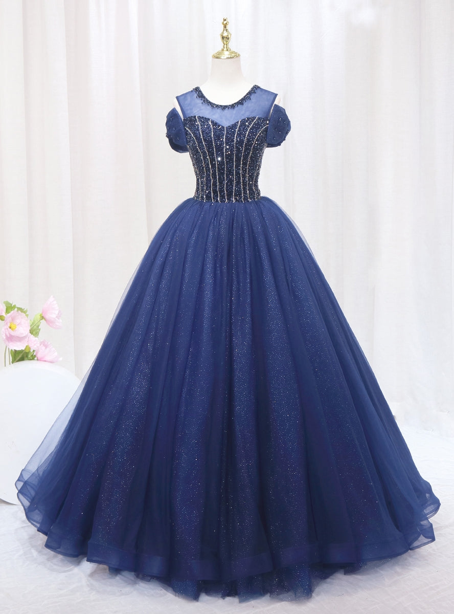 Navy Blue Tulle Sequins Beading Bow Prom Dress