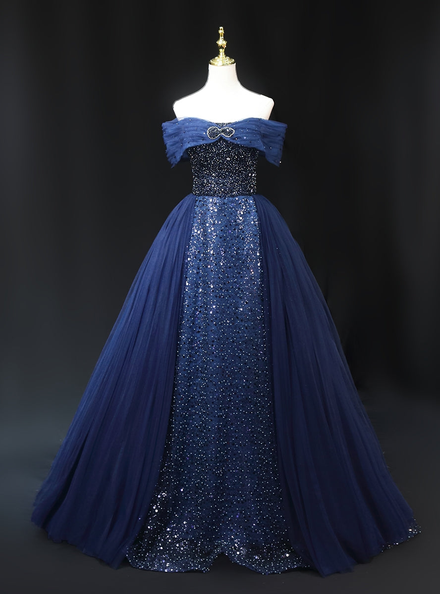 Navy Blue Tulle Sequins Off the Shoulder Beading Prom Dress