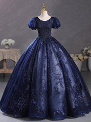 Navy Blue Tulle Sequins Puff Sleeve Beading Quinceanera Dress