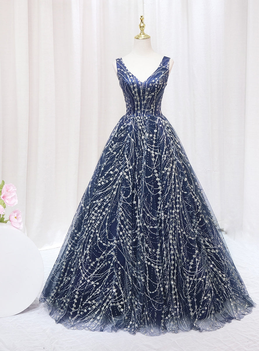 Navy Blue Tulle Sequins V-neck Prom Dress