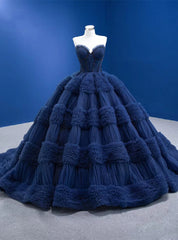 Navy Blue Tulle Sweetheart Pleats Beading Prom Dress