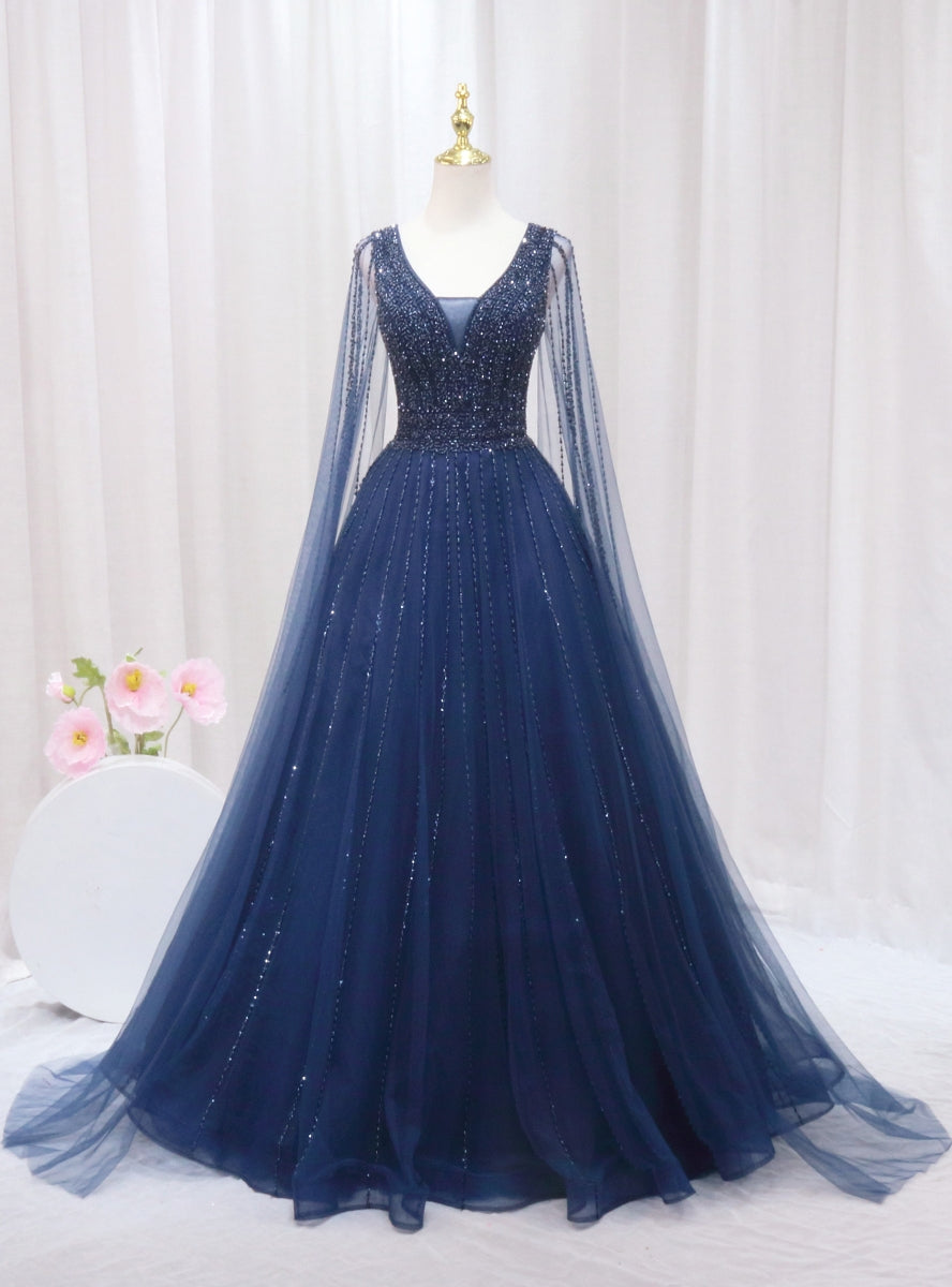 Navy Blue Tulle V-neck Beading Prom Dress