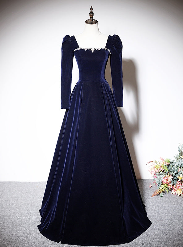 Navy Blue Velvet Long Sleeve Square Neck Prom Dress