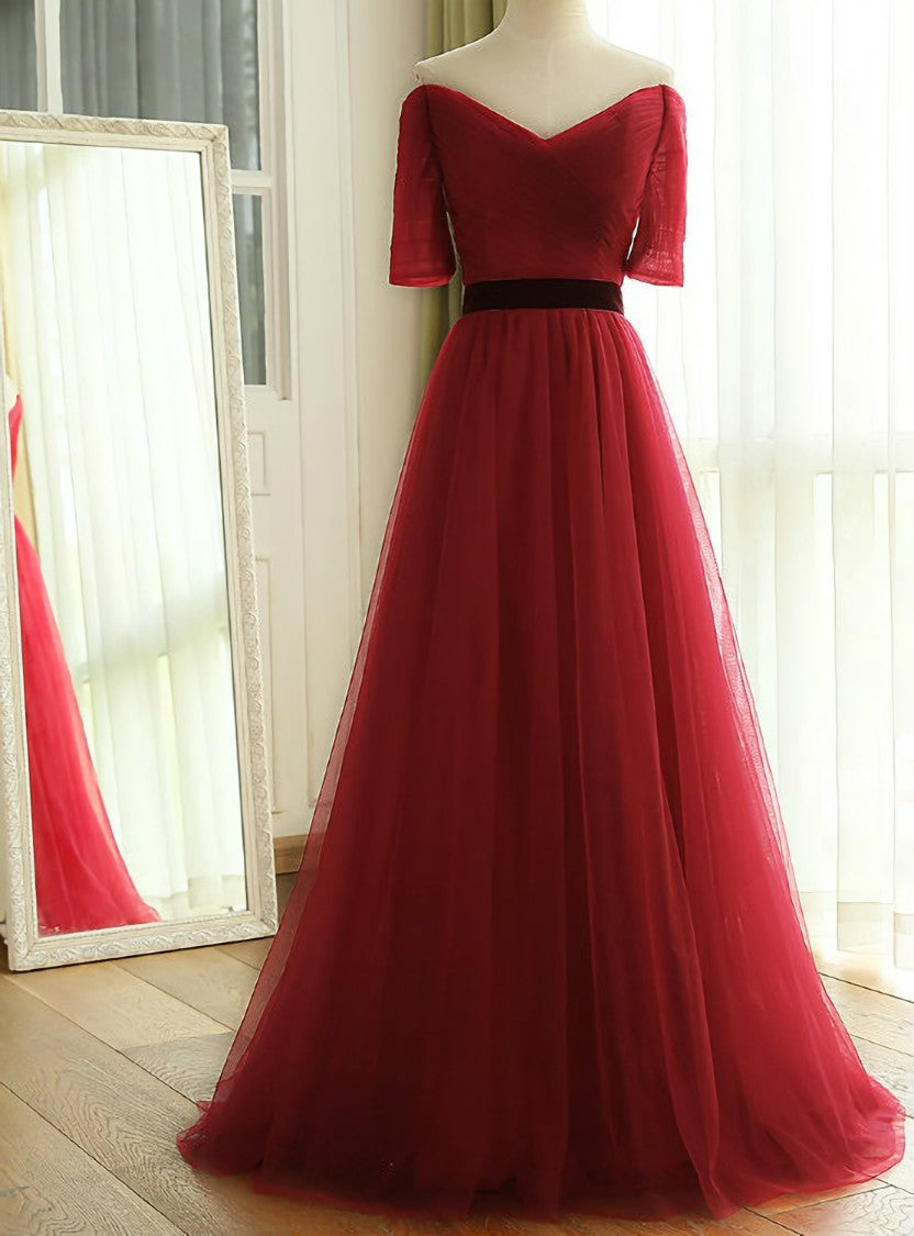 New Wine Red Long Floor Length Off The Shoulder Ruched Tulle Bridesmaid Dresses