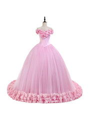 Off the Shoulder Sweet 16 Dress Pink 3D Flowers Tulle Quinceanera Dresses