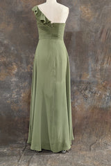 One ruffle Shoulder Long Dusty Sage Bridesmaid Dress