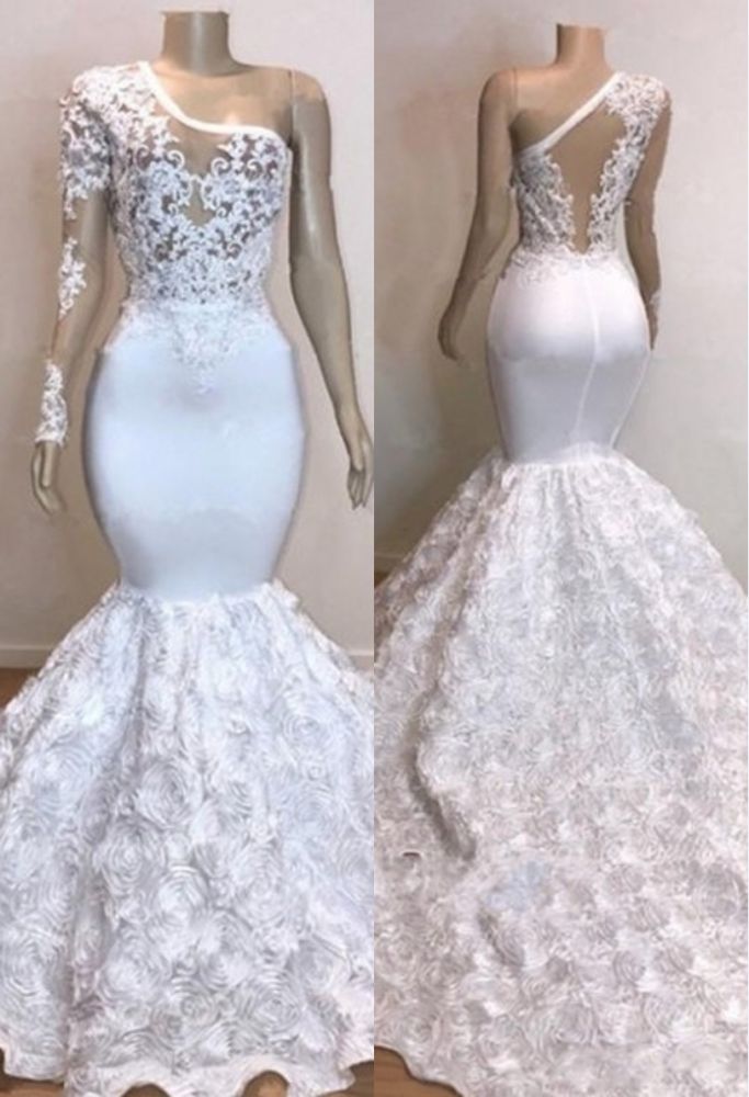 One Shoulder Lace Appliques Meramid Prom Dresses with sleeve