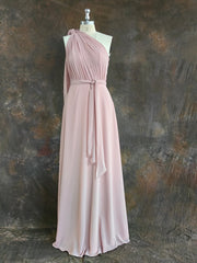 One Shoulder Pink Rustic Bridesmaid Dress Long Maxi Wedding Dress