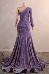 One Shoulder Purple Prom Dresses Sequin Mermaid Long Evening Formal Dresses