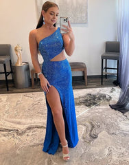 One Shoulder Royal Blue Prom Dress with Split