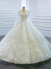 Online Store White Ball Gown Lace Appliques Long Sleeve Beading Wedding Dress