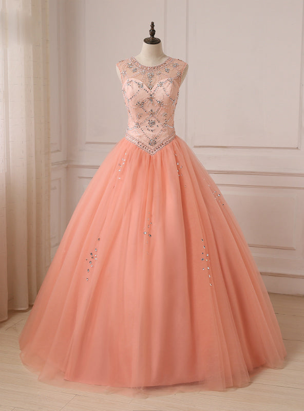 Orange Ball Gown Tulle Scoop Neck Beading Crystal Quinceanera Dresses