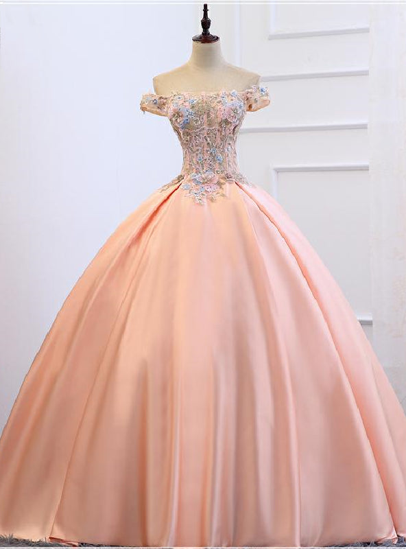 Orange Pink Satin Off the Shoulder Appliques Quinceanera Dress