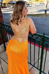 Orange Sequins Mermaid Prom Dress with Slit