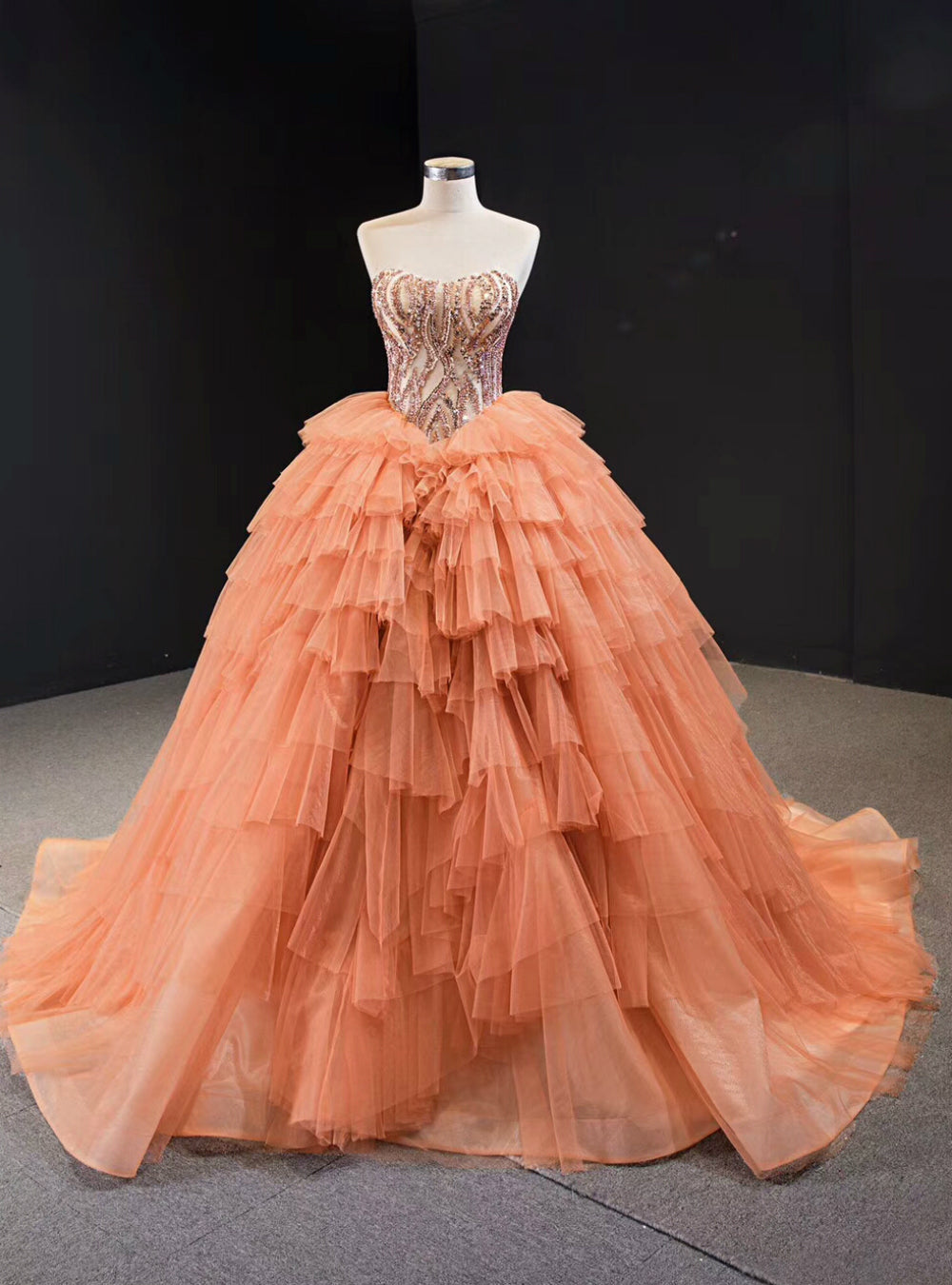 Orange Tulle Ball Gown Sequins Sweetheart Sweet 16 Prom Dress